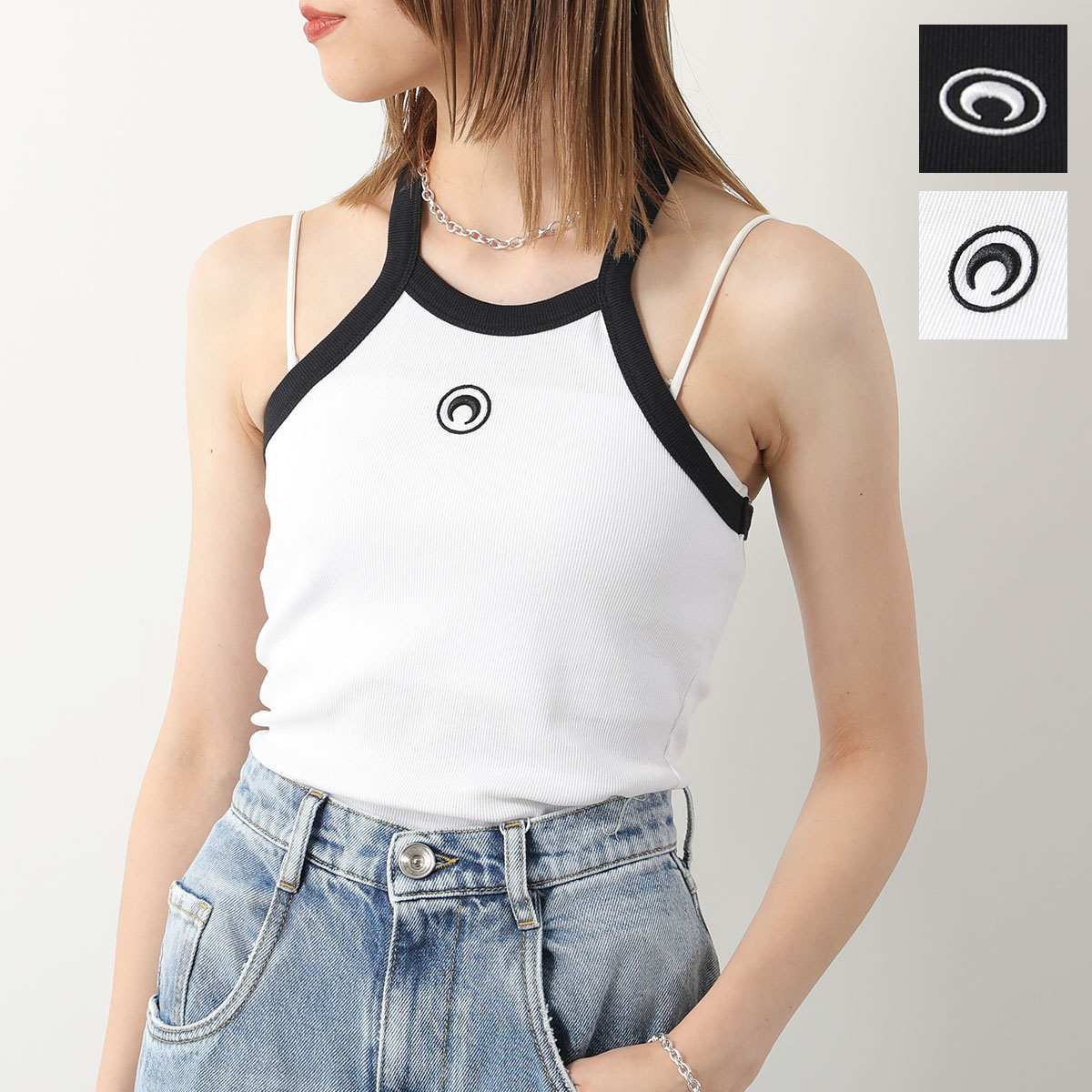Marine Serre マリーン セル タンクトップ Organic Cotton Rib 2x2 Tank Top WTT011 CJER0011 レディース リブ 三日月 モチーフ ロゴ 刺繍