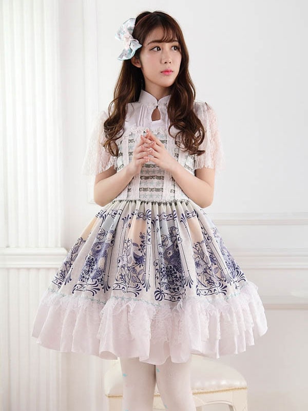 【全店任意2枚購入で100円OFF】古典的なロリータOPドレスプリントホワイトレースレースアップロリータワンピースドレス