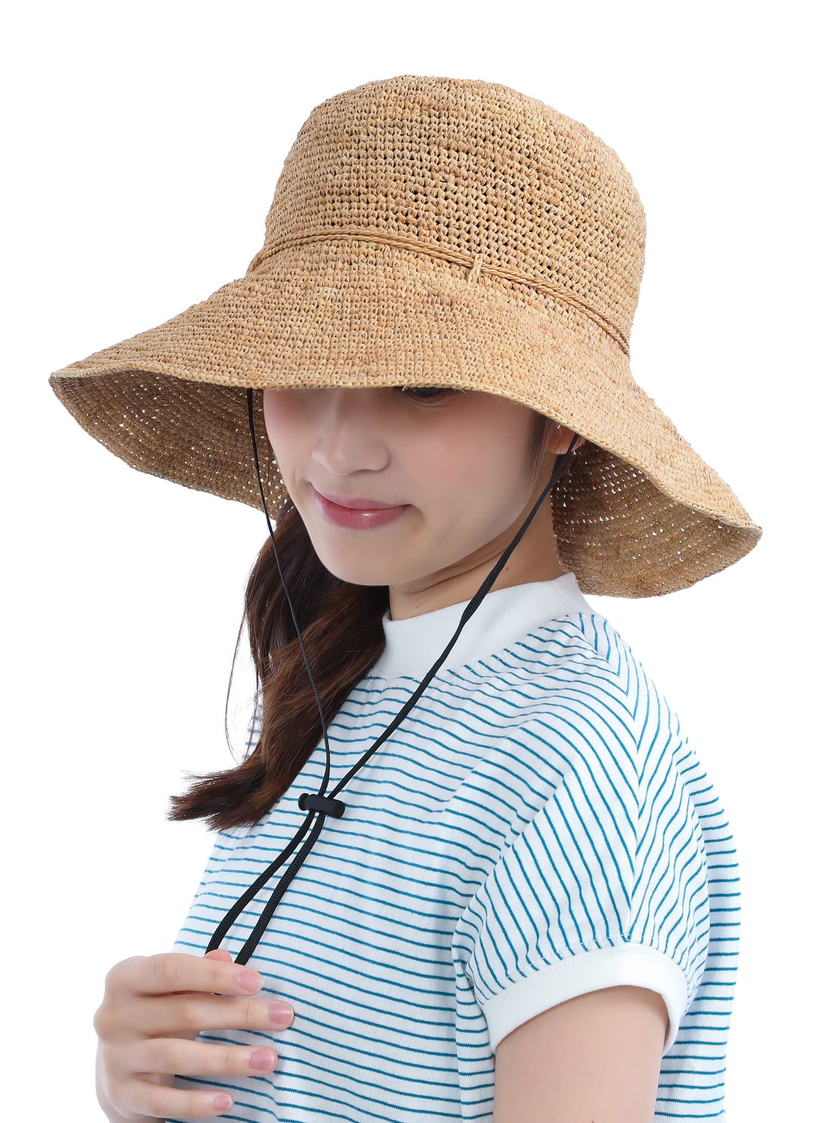 [Drection] ラフィア 麦わら帽子 レディース 日焼け防止 ＵＶカット 涼しい風通しの良いラフィア帽子 日よけ 日除け帽子 TGM-0168-0169 (ナチュラル 【ツバ10センチ】)