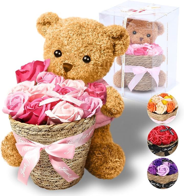 ソープフラワー ギフト くまさんとバラ プレゼント 花束 クマのぬいぐるみ 誕生日プレゼント 女性 フラワーソープ 母の日 ForeverFlowers( ピンク)