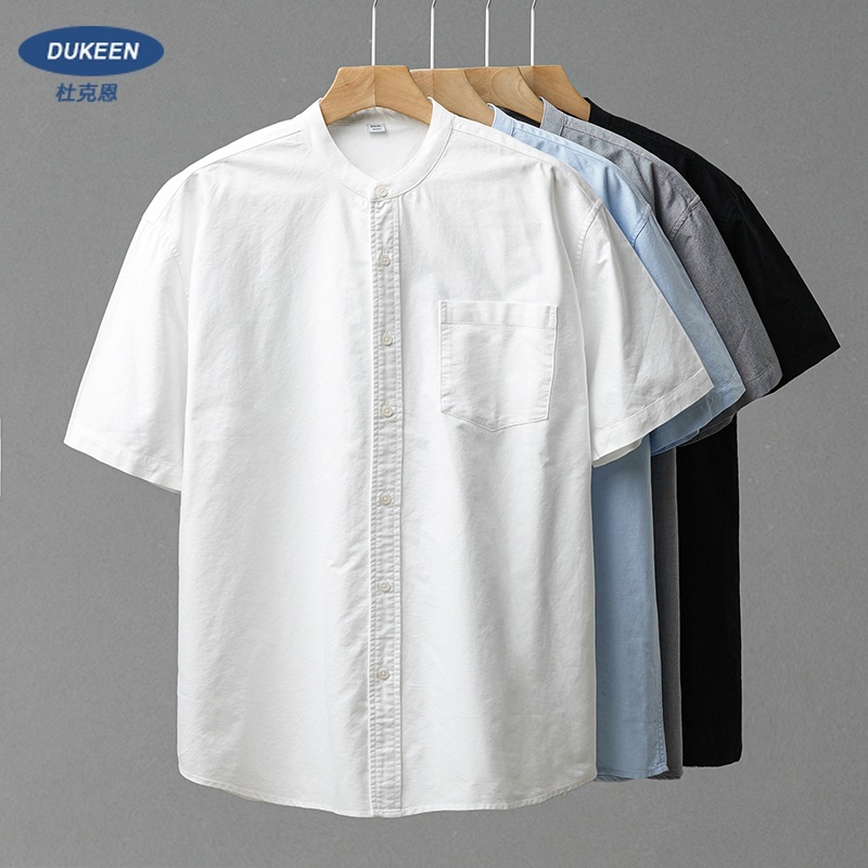 【ヘビーオックスフォードテキスタイル】高級感漂う夏用スタンドカラー半袖シャツ ホワイト ヘンリーカラーシャツ