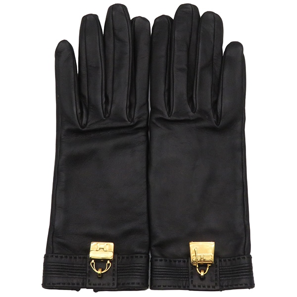 エルメス HERMES 手袋 グローブ レザー ブラック #6.5 ゴールド金具 黒 ボリード ケリー 【箱】【中古】