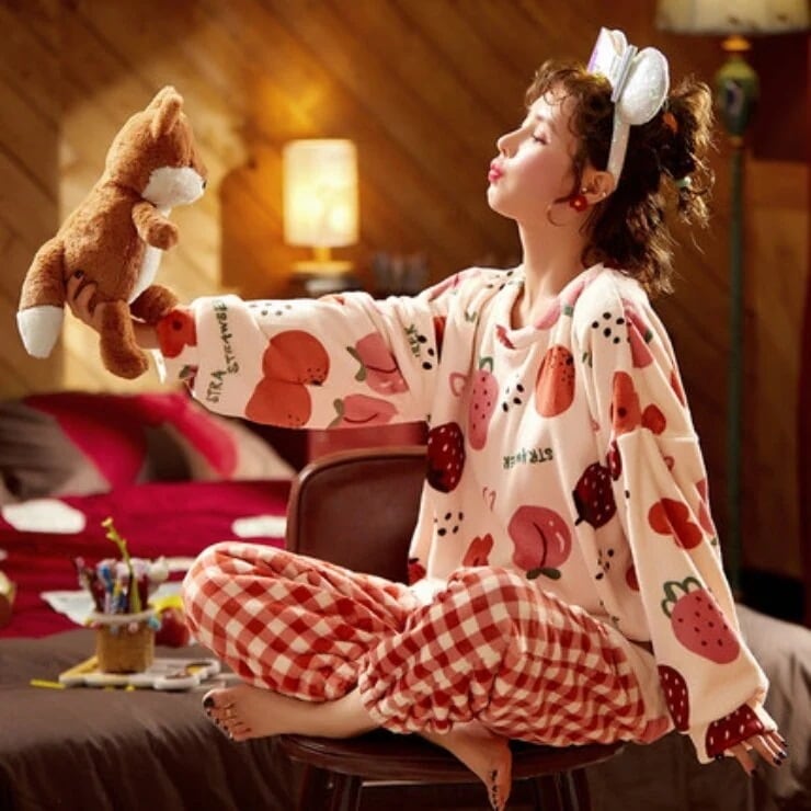 ルームウェア　ナイトウェア　ルームウエア　前開きパジャマ パジャマレディース　もこもこパジャマ 2点セット フルーツ柄　ゆったり 部屋着 もこもこ　ガーリー　カジュアル　カワイイ おしゃれ　韓国　大人