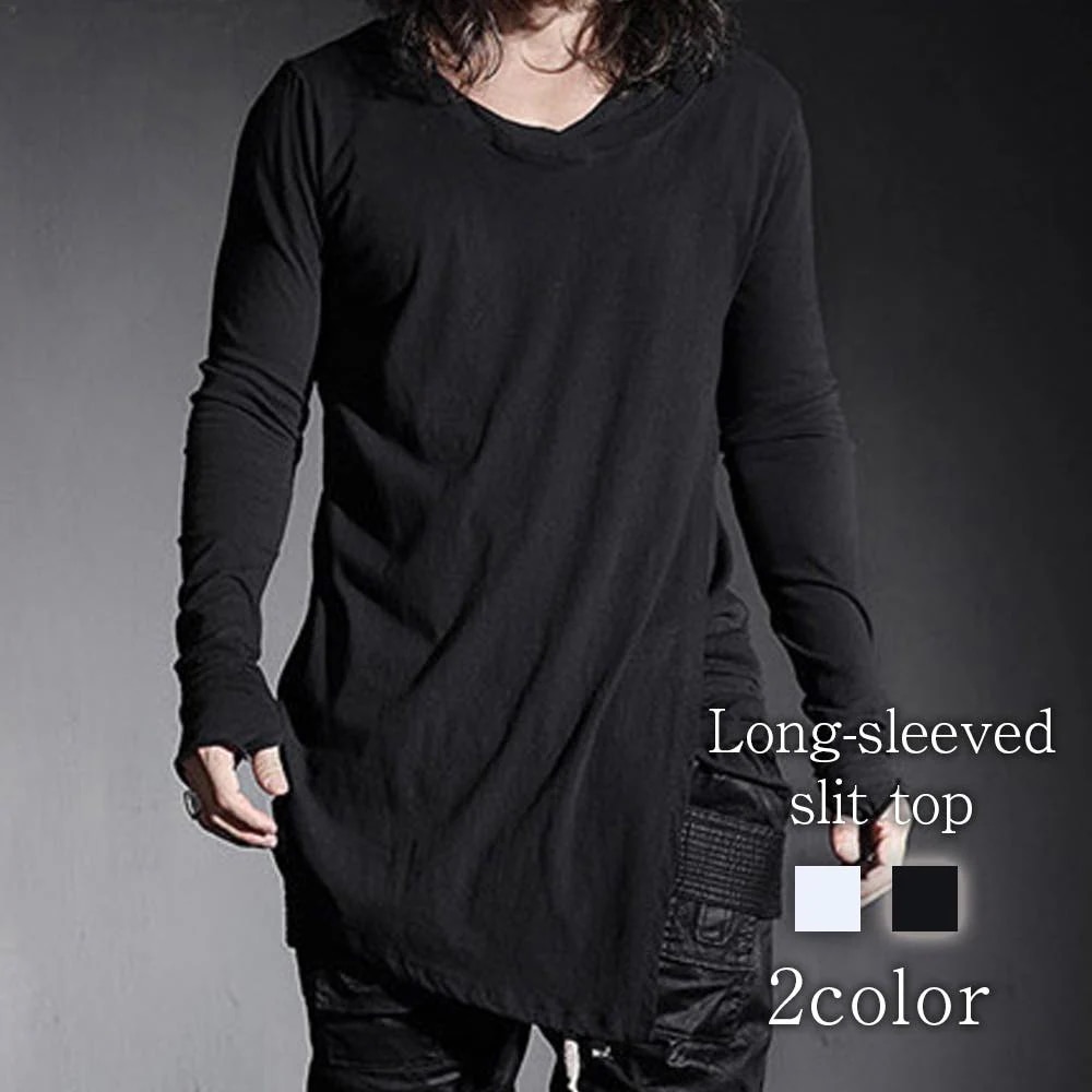 Tシャツ メンズ 長袖スリットカットソー ゆったり 冬 春 ポリエステル インナー コットン 40代 Vネック 肌着 ロング オシャレ ブランド おしゃれ ブラック おすすめ 無地 秋 長袖 シャツ