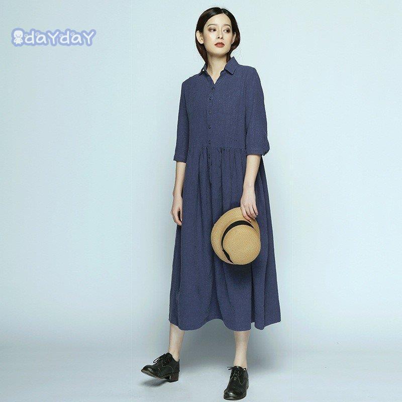 シャツワンピース シャツ トップス 無地 半分前開き ボタン止め マキシ丈 カジュアル 5分袖 ゆるっと ミモレ丈 体型カバー 春 秋 50代 40代 30代 20代