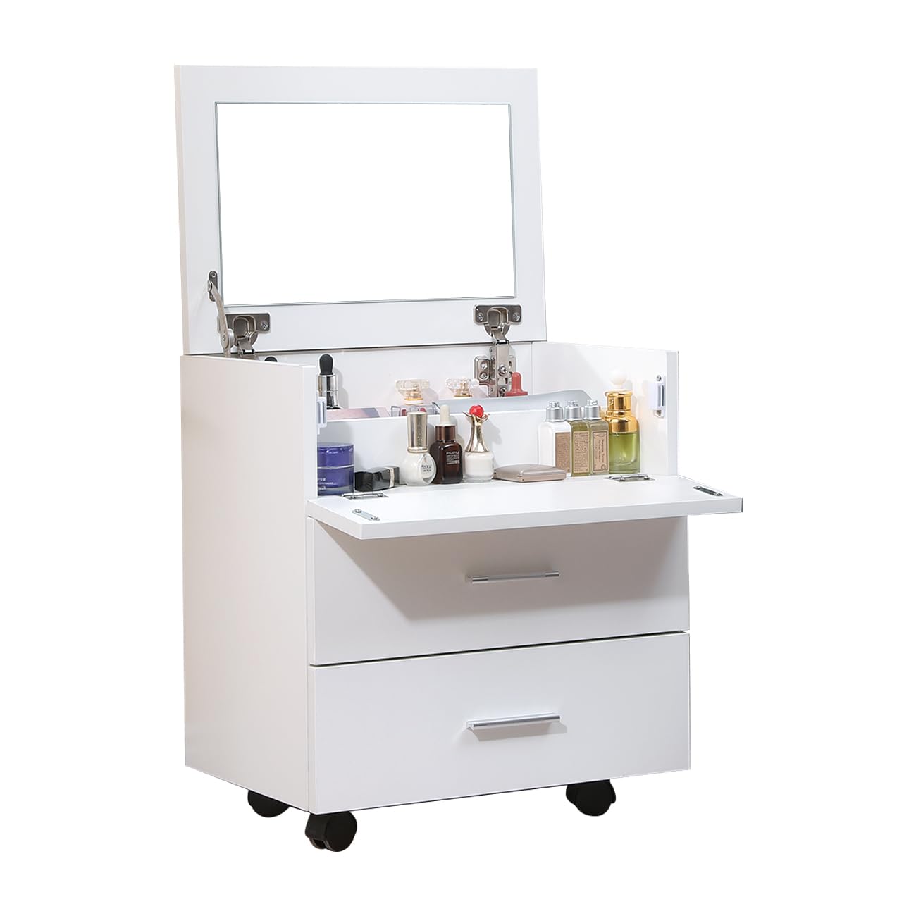 ドレッサーワゴン ドレッサー キャスター付き コンパクトコスメ コスメワゴン 化粧台 メイク台 ミニー サイドワゴン サイドテーブル 白 2way メイクボックス 鏡付き 木製 ホワイト