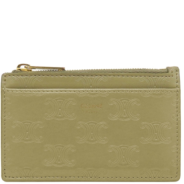 セリーヌ CELINE カードケース ジップ付き カードホルダー カーフスキン カーキベージュ ゴールド金具 カードケース コインケース トリオンフエンボス 10F993FQD 【箱】【中古】
