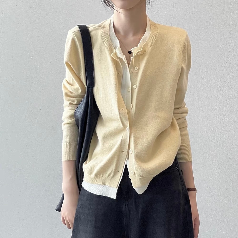 レディース トップス ニット カーディガン 羽織 前開き 長袖 Uネック ラウンドネック 切り替え ドッキング フェミニン ストリート ボタン ヴィンテージ アメカジ かわいい 大人可愛い きれいめ