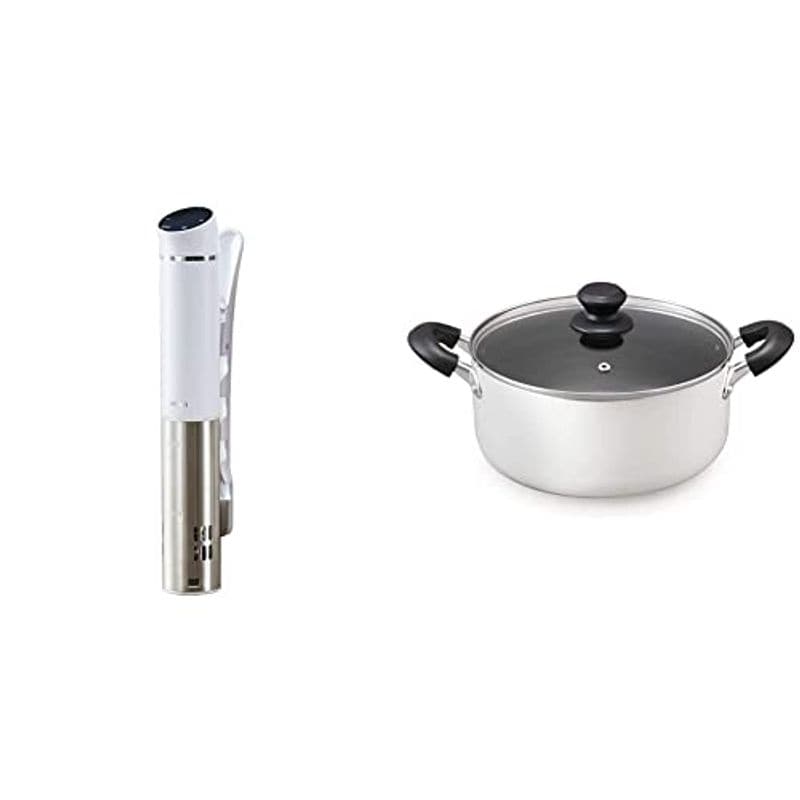 セット買い スリム 低温調理器 ホワイト LTC-02-W + 両手鍋 24 鍋 蓋つき ガス火/IH対応 ガラス蓋付き