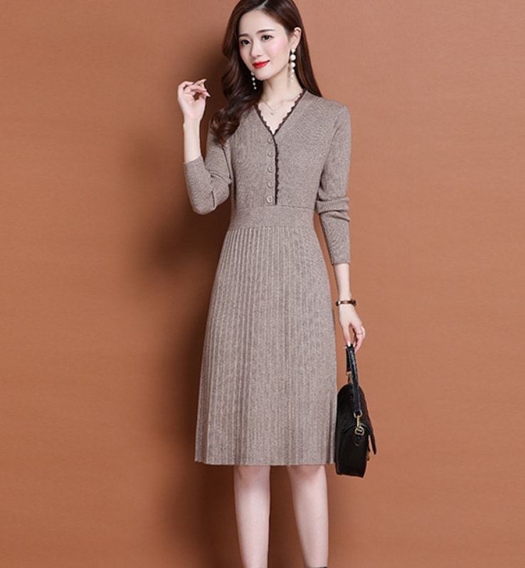 ワンピース デート モテアイテム フレアワンピース ミモレ丈 長袖 プリーツ レース リブニット 可愛い きれいめ 上品 おしゃれ かっこいい 可愛い ラブリー キュート ガーリー クール