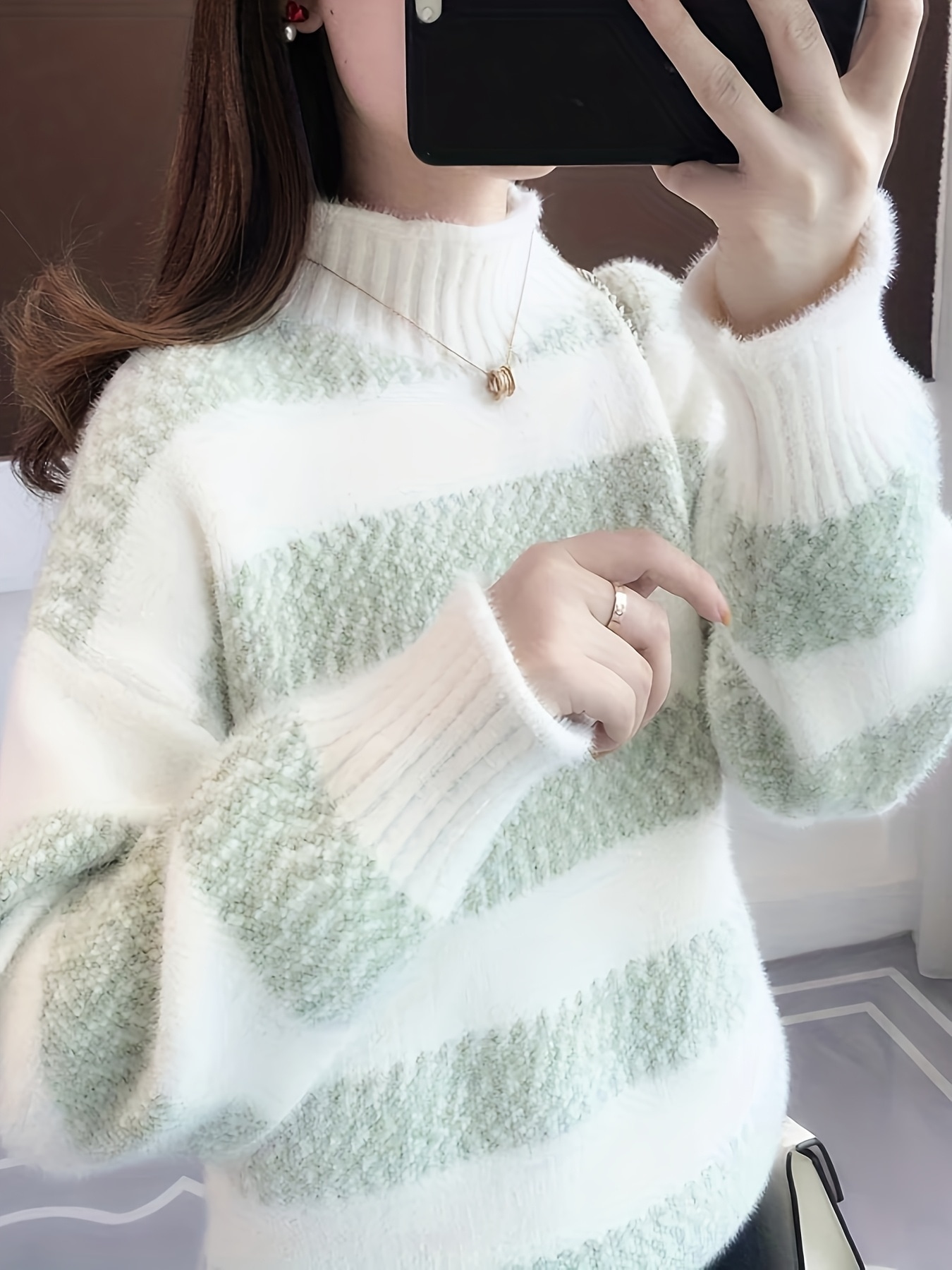 【秋冬】レディースセーター プルオーバーハーフタートルネックカジュアルハイネックルーズフィットアウターストライプ柄