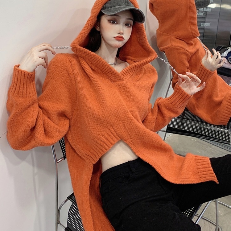 トップス レディース ニット スリット ロング ロング丈 長袖 フード付き アシンメトリー アシメデザイン フード付き 無地 オレンジ カジュアル シンプル かわいい 可愛い フェミニン ガーリー