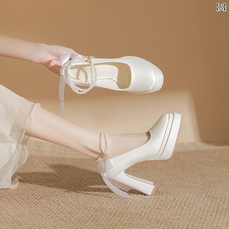 【今季トレンド】ヒール レディース パンプス 美脚 サテン 厚 防水 靴 メリージェーン 花嫁 靴 オーナー ウェディングドレス シューズ 花嫁 介添人 厚手 ヒール 疲れにくい ハイヒール