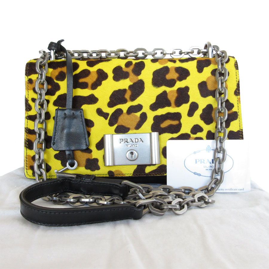 プラダ PRADA ショルダーバッグ ハラコ/ナイロン イエロー×ブラウン×ブラック レディース 1BD009 s0309