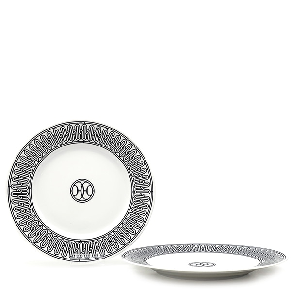エルメス 食器 デザートプレート Hデコ ポーセリン ブラック×ホワイト 新品 未使用 アッシュデコ 22.5cm 2枚セット 【箱】【中古】
