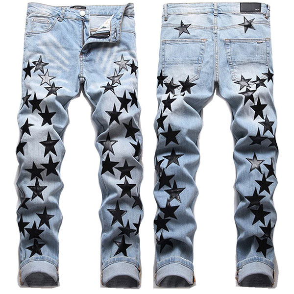 スター柄 スキニージーンズ デニムパンツ メンズ デニム ジーパン ジーンズ スリムデニム 星柄 細身 ロングパンツ おしゃれ 個性