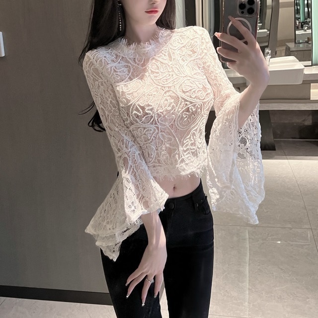 トップス 立体刺繍 レース ショート丈 長袖 ホーンスリーブ フレアスリーブ セクシー シアー感 透け感 ドレッシー エレガント ラウンドネック ゆったり 新作 夏 バックファスナー カジュアル