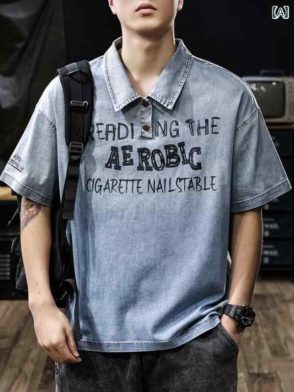 ポロシャツ おしゃれ アメリカ デニム シャツ 男性用 夏 冷感 クール 半袖 Tシャツ メンズ プリント ウォッシュド 毎日 綿 薄手 テキスト サマー