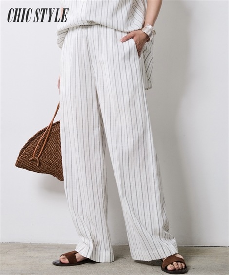 ロングパンツ ストライプリラックスパンツ ペチパンツ付 大きいサイズ有 シックスタイル