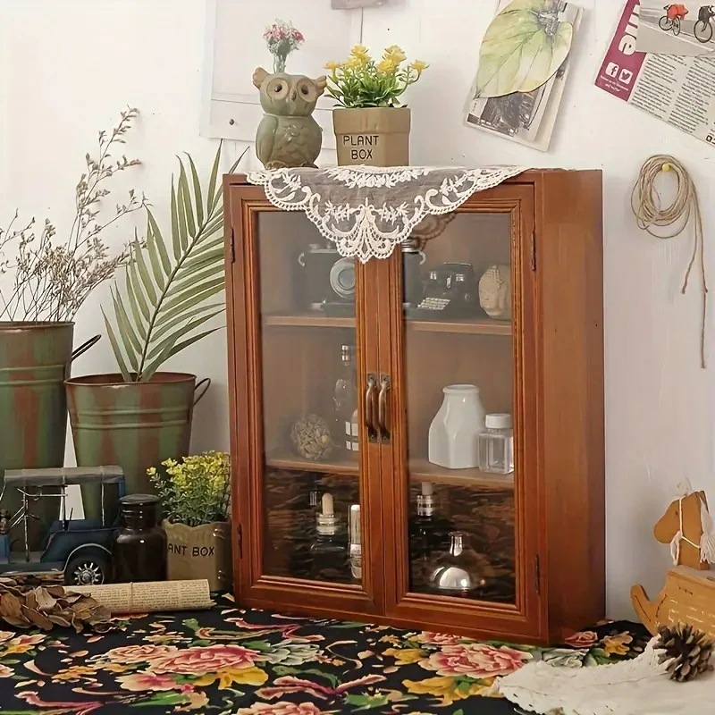 キャビネット ヴィンテージ調 木製 収納 ダブルドア付き ウォールナット 魅力的 お洒落 カントリー 北欧 ナチュラル 棚付き 食器収納 小物収納 4-7 8,003円