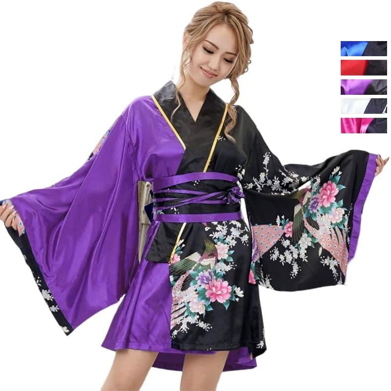 ツートンカラー サテン 和柄 花魁 ミニ 着物 ドレス ダンス よさこい コスプレ キャバドレス [1071]