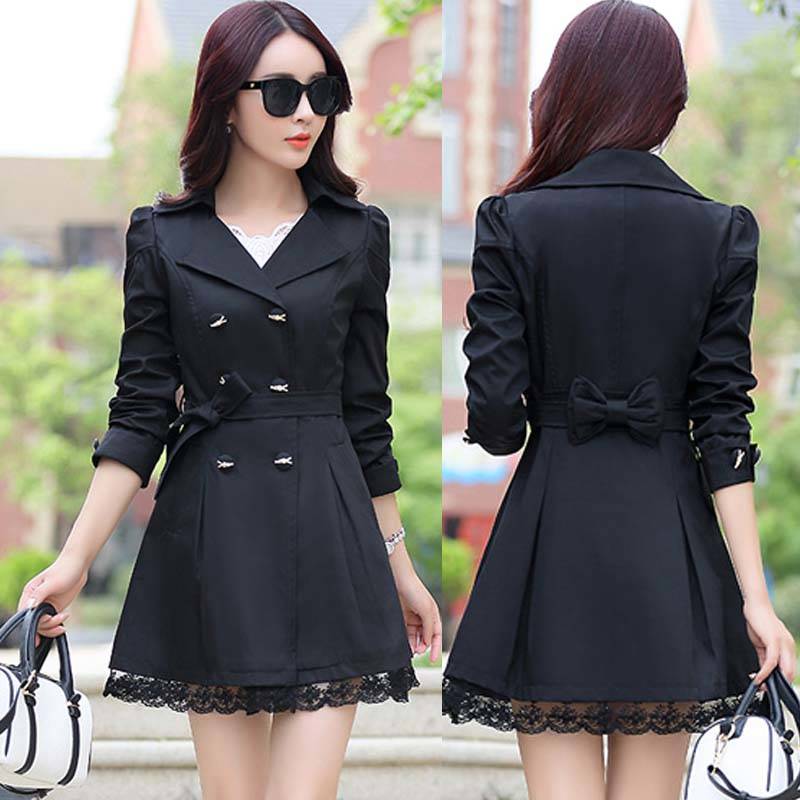 レディース コート トレンチ 裾フリル ダブルボタン ウエストリボン 10色展開 タック入り バックリボン テーラードカラー 膝上丈 ミニ ミディ丈 パフ袖 ウエストマーク フェミニン ガーリー