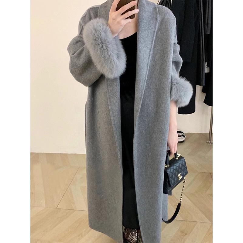 秋冬 コーデ レディース ファッション オシャレ 服 カワイイ シンプル 大人カワイイ 大きいサイズ グレー コート ハイエンド キツネ ファー バスローブ ミドル丈 ウール
