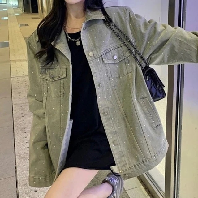 2025春夏アウター ジージャン デニム生地 ジャケット 丈長め 襟 スタンダードカラー ボタン キラキラ レトロ ヴィンテージ感 春 ライトブルー 水色 韓国ファッション レディース おしゃれ お出