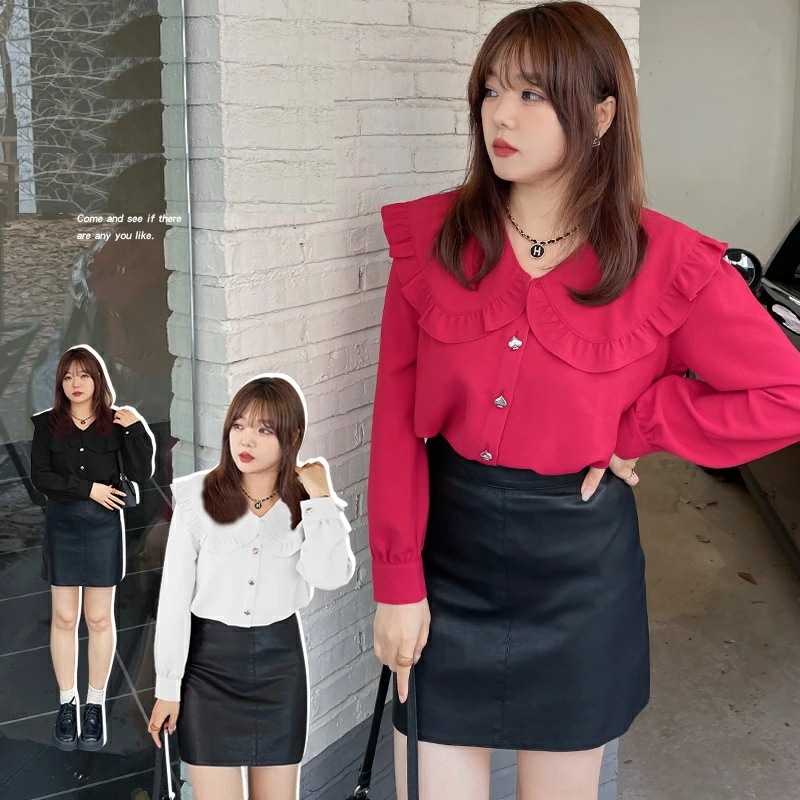 2L6Lブラック ホワイト レッド 大きいサイズ ぽっちゃりさん トップス ブラウスシャツ ブラウス シャツ 普段着 通学 旅行 お出かけ デート 卒業式 入学式可愛いフリル襟 大きい襟 スペード模様