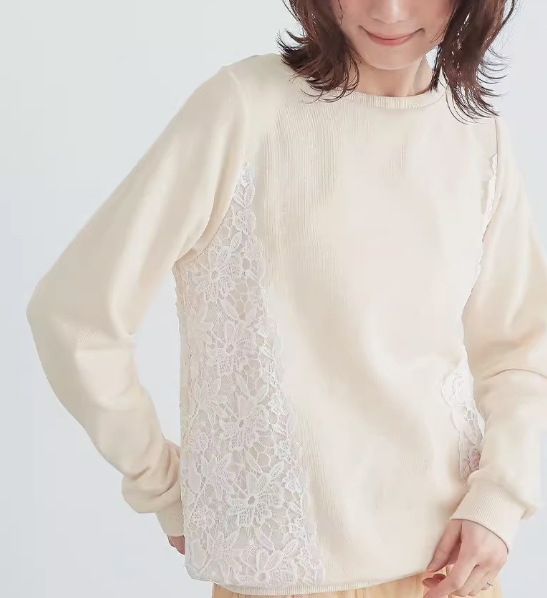 レディース トップス ロンT カットソー 長袖 Vネック Aライン レース 刺繍 かわいい 大人可愛い シンプル カジュアル レトロ こなれ感 ラフ ヴィンテージ ラブリー キュート 都会的