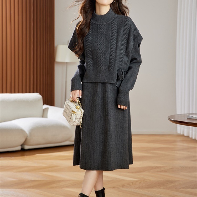 レディース ワンピース トップス ニット セーター セットアップ フレア ニットスカート 膝下 ミモレ 長袖 ハイネック フェミニン リブニット 大人可愛い きれいめ 上品 無地 OL 通勤 デート