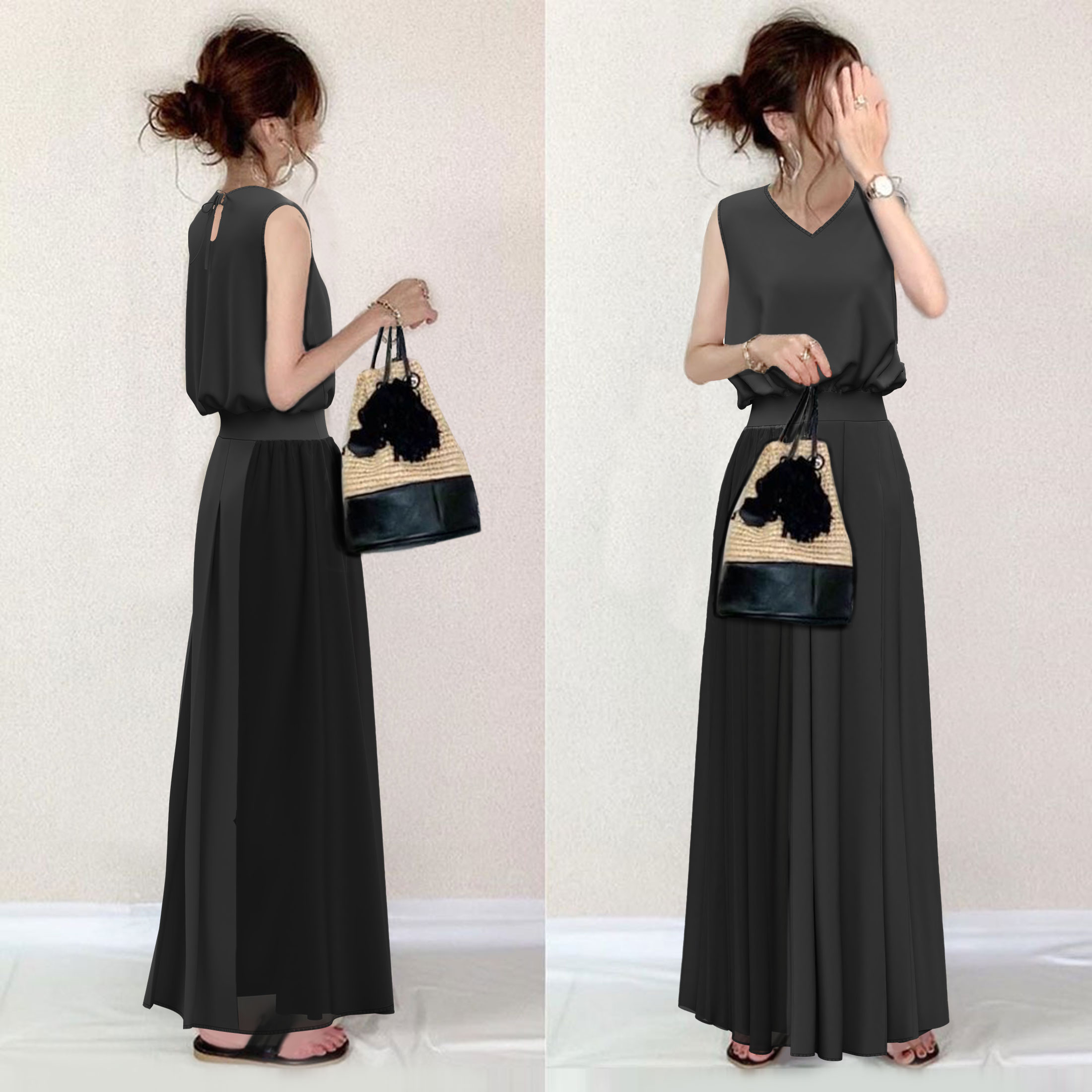 【雑誌に掲載された】 こだわりデザイン シンプル ノースリーブ Vネック ギャザー 切り替え カジュアルワンピース