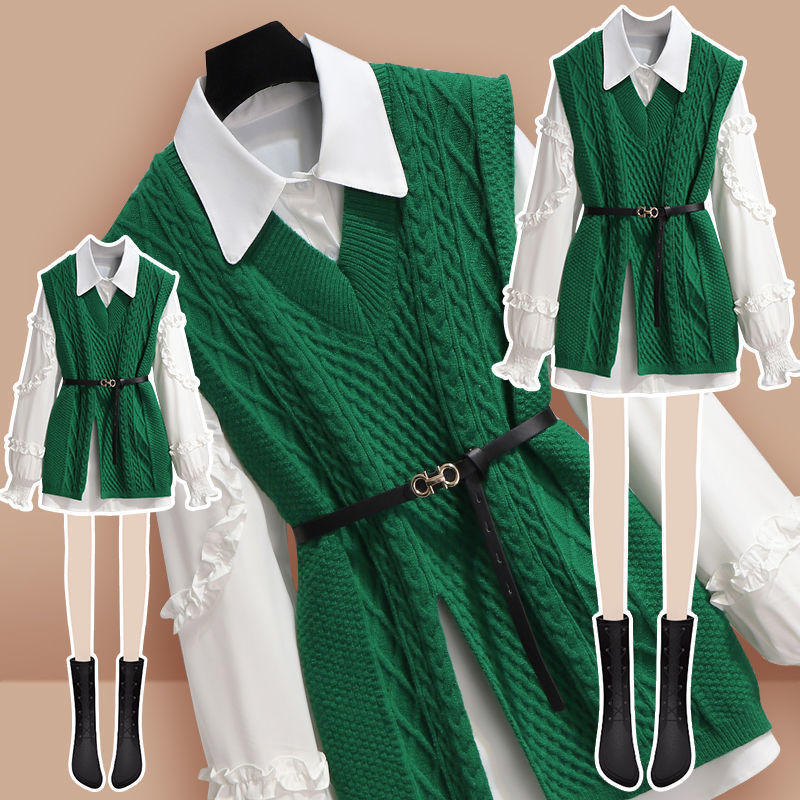 【再入荷予定】 【2点セット】スリットニットベスト＋無地シャツ