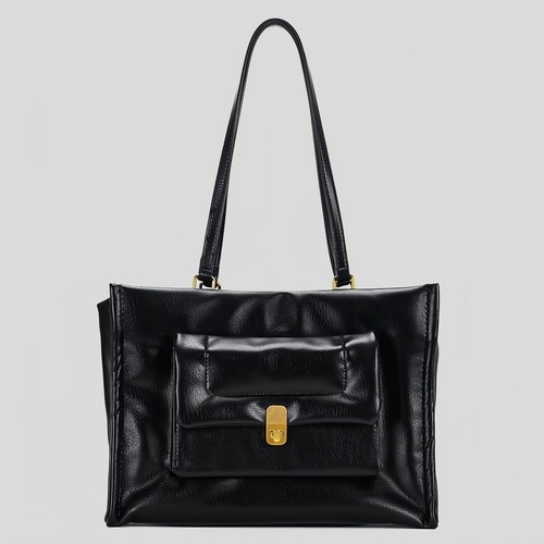 ブラックレザー ミニマル フェイクレザー ゴールドプレート ミニバッグパッチ 四角トートバッグ