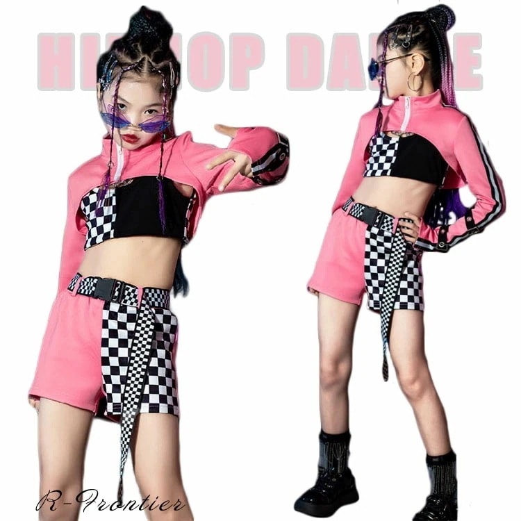 キッズ ダンス衣装 へそ出し トップス セットアップ 女の子 ピンク チェック柄 韓国 k-pop衣装 ヒップホップ 長袖 ジャズダンス チアダンス チアガール HIPHOP 子供 ステージ衣装 韓国