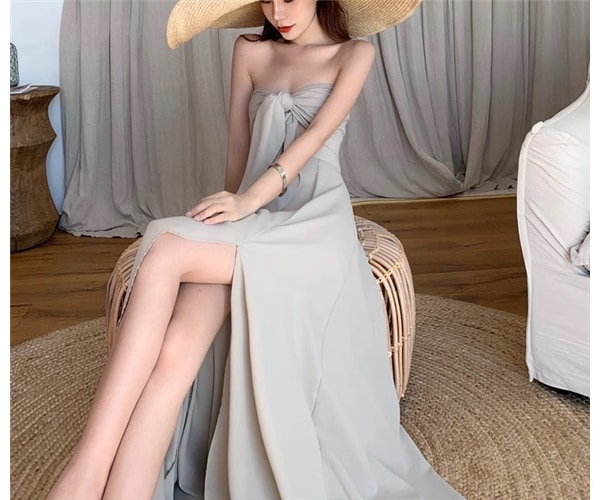 二点セット 上下セット ツーピース レディース スカート トップス セットアップ ロングスカート ロング マキシ 袖なし ノースリーブ チューブトップ フレア 背中開き シフォン フリル リボン