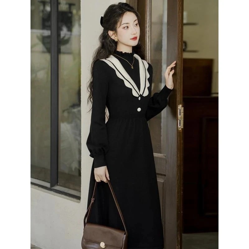 韓国 レディース ロングワンピース ニットワンピース レトロな黒ニットワンピース黒スカートでウエストをしまって痩せて見える 24新入荷 のワンピース