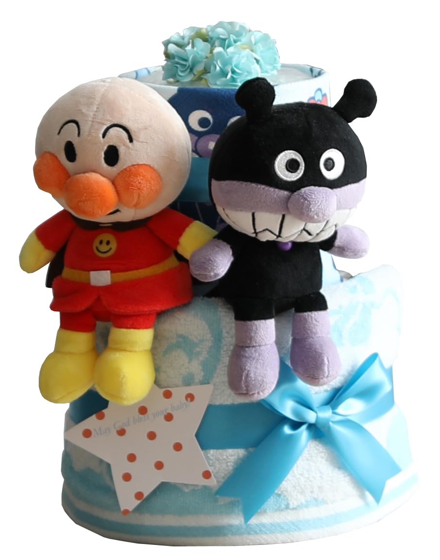 おむつケーキ研究所 出産祝い アンパンマン ぬいぐるみ２体とタオル２枚の超豪華 2段 おむつケーキ パンパースS おもちゃ 男の子向け ばいきんまん 幅18cm×奥行き18cm×高さ38cm
