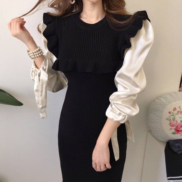 レディース パフスリーブ ロングワンピース ニット ドッキングワンピース ドッキング 裾リボン リボ