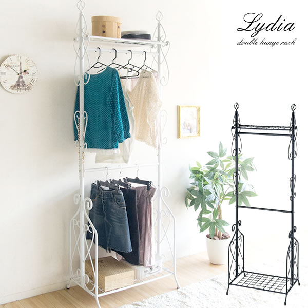 ダブルハンガーラック 幅63cm 棚付き アンティーク風 ロートアイアン