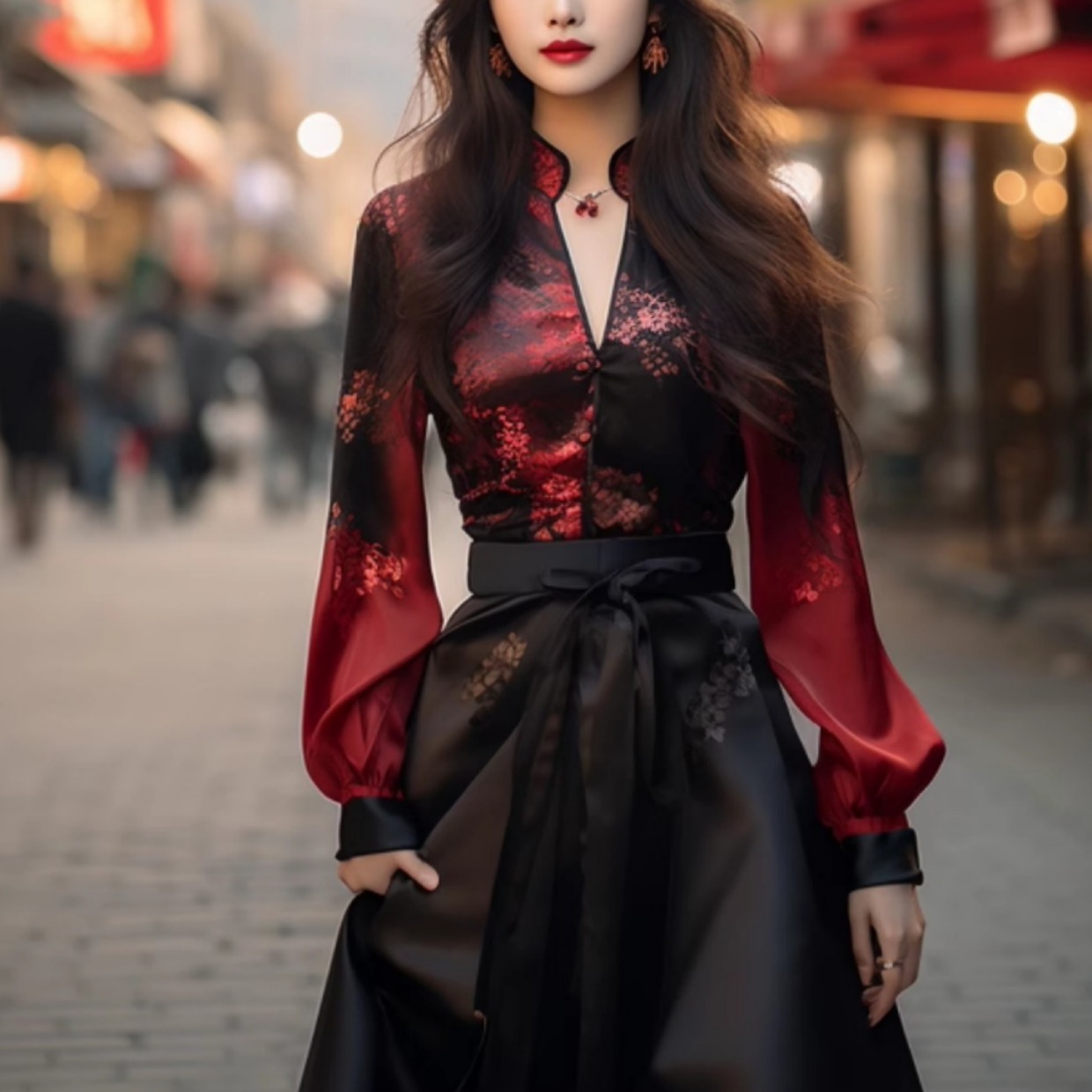 新しい中国スタイルのハイエンドvネックレッドプリントシャツ馬の顔のスカート2ピースセットレディーススプリング服2025新しいスタイル