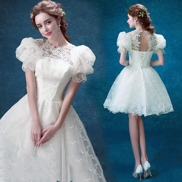 【2枚購入で 3oo円OFF】バンケットドレス2025冬のスーパーショートパフスリーブレースベールバースデーショーリトルドレス