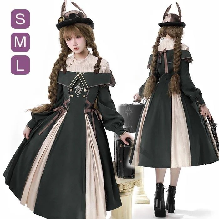 ロリータ ワンピース クラロリ レトロ風 レディース ロリータワンピース ミモレ丈 長袖 ワンピース インナー セットアップ ロリィタファッション