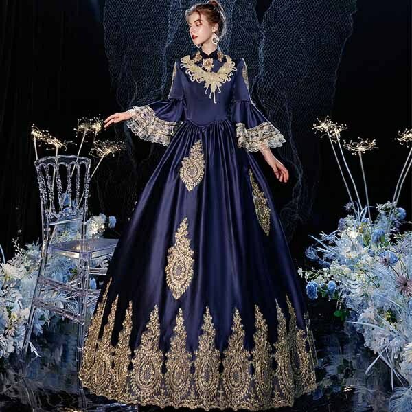 貴婦人 貴族 ドレス 中世ヨーロッパ お姫様 女王様ドレス ロングドレス カラードレス 豪華なドレス ステージ衣装 舞台衣装 王族服 プリンセスライン オペラ声楽 文化祭 パーティー 演奏会 学園祭
