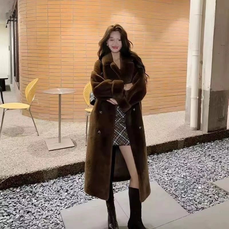 一体型フェイクミンクロングコート 女性用 秋冬 厚手 毛皮 保温 アウター 大人気