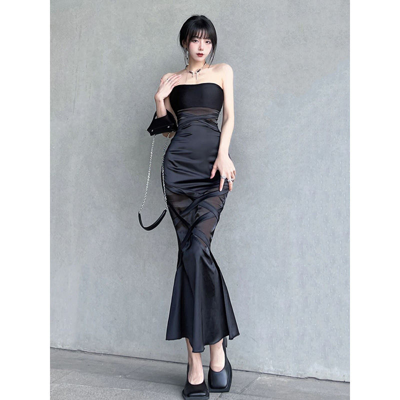 2025 春 ワンピース ブラック フィッシュテールスカート 結婚式 ドレス パーティードレス お呼ばれ 披露宴