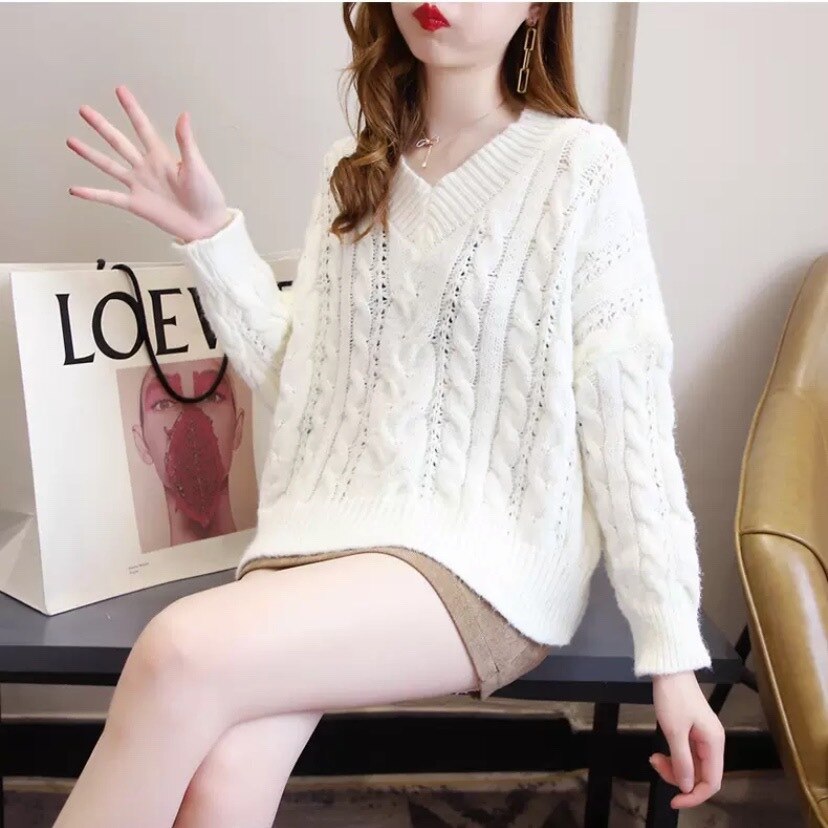 4色 トップス ニット セーター レディース 秋冬 かわいい ゆったり 厚手 長袖 Vネック ふわふわ ケーブルニット ホワイト 白 ブルー ベージュ ピンク 水色 パステルカラー ワンサイズ フリー