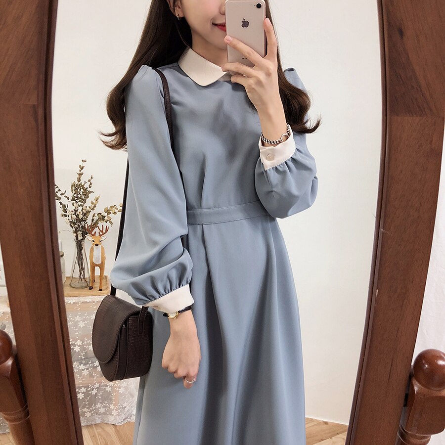 2色 レトロ風 ワンピース 長袖 春 かわいい ロング aライン aライン Aライン フレア ワンピドレス 膝下 ミモレ ミモレ丈 ロング ロング丈 7分丈 ミディアム丈 ミドル丈 レギュラー丈 ボリ