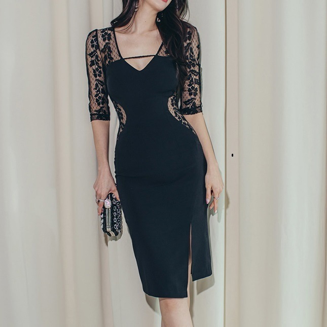 レースドレス 早秋 サイドオープン セクシー バックヒップ 黒 ハイウェスト アシンメトリースカート