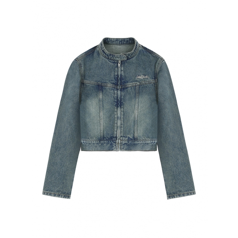 ODD STUDIO サンドウォッシュバイカーデニムクロップジャケットブルー